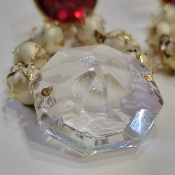 Vintage Clip-On Chandelier Earrings Red Gem Faux Pearl Accents & Crystal Drops - Picture 9 of 16